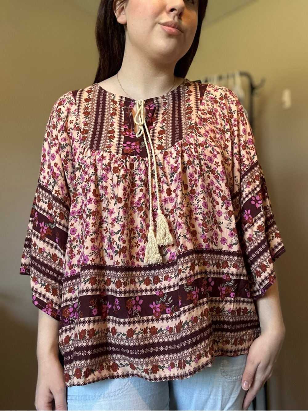 easel Pink and Purple Floral Boho Blouse with Tassels Size M